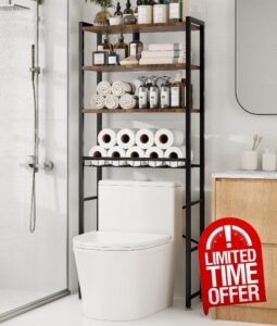 4-Tier Over-the-Toilet Storage Rack with One-Piece Wooden Shelves & Open Net Basket