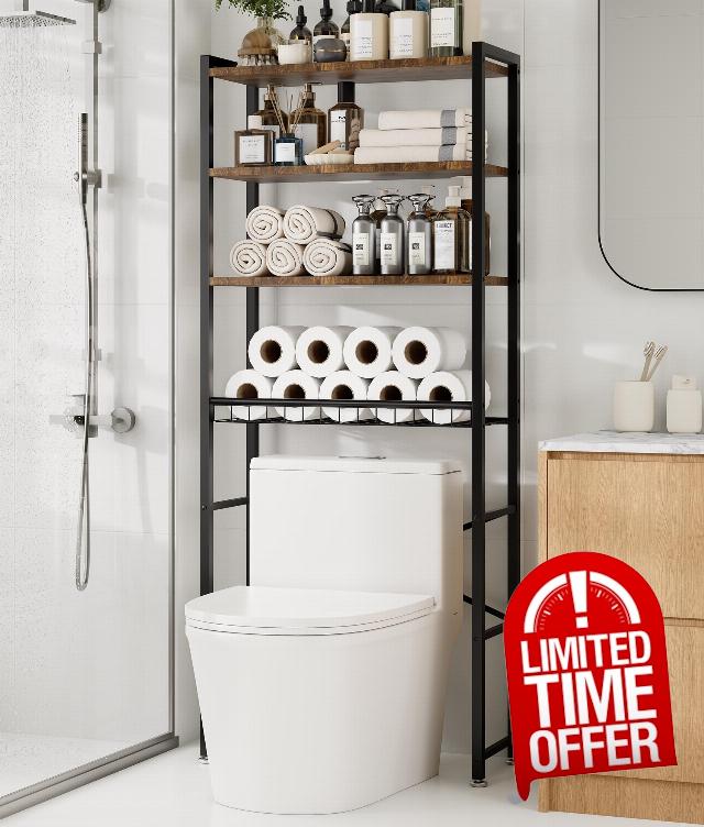 4-Tier Over-the-Toilet Storage Rack with One-Piece Wooden Shelves & Open Net Basket