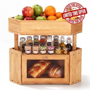 SiliFine 2 Tier Corner Bamboo Bread Box Fruit Basket for Kitchen Countertop Large Capacity Farmhouse Bread Box with Window Fruit Stand Holder Vegetable Container Storage Bin Pantry Shelf