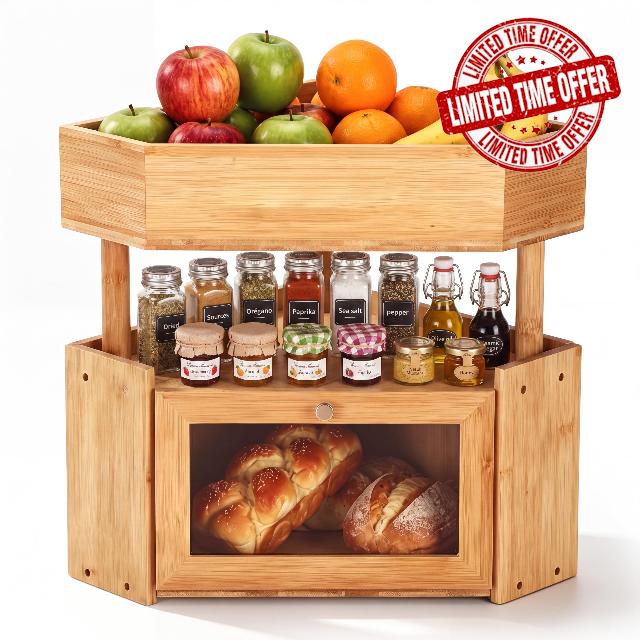SiliFine 2 Tier Corner Bamboo Bread Box Fruit Basket for Kitchen Countertop Large Capacity Farmhouse Bread Box with Window Fruit Stand Holder Vegetable Container Storage Bin Pantry Shelf