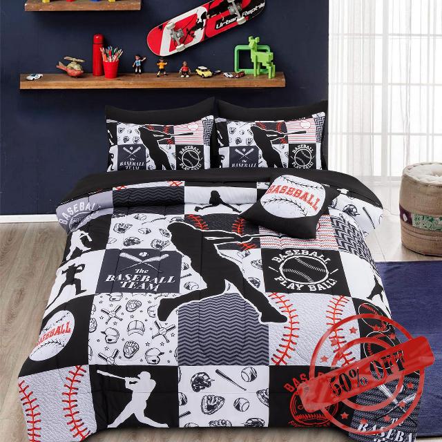 A Nice Night Sports Geometric Grid Black Patchwork Baseball Printed for Boys Twin 6Pcs Bed in A Bag Comforter Bedding Set
