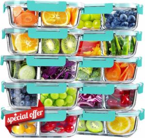 VERONES 10 Pack Glass Meal Prep Containers - 2 Compartment Set