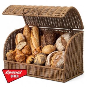 SiliFine Large Rattan Bread Box Breadbox for Kitchen Countertop Vintage Food Storage Bin Rustic Woven Bread Storage Basket for Bread-loaves