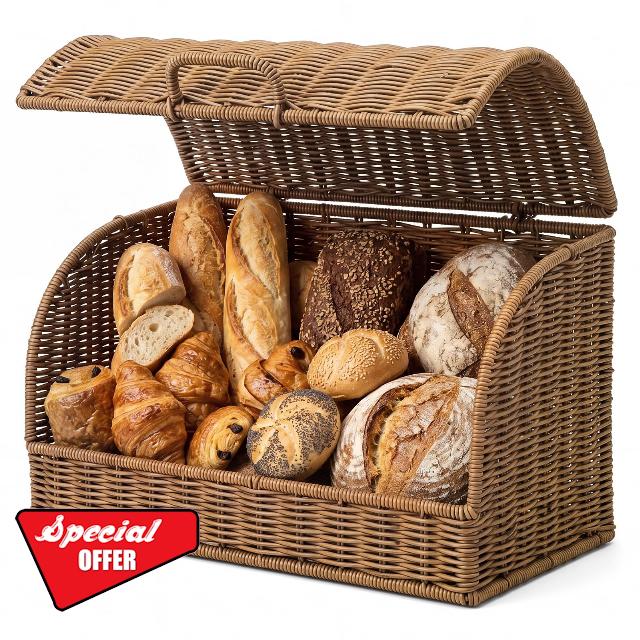 SiliFine Large Rattan Bread Box Breadbox for Kitchen Countertop Vintage Food Storage Bin Rustic Woven Bread Storage Basket for Bread-loaves