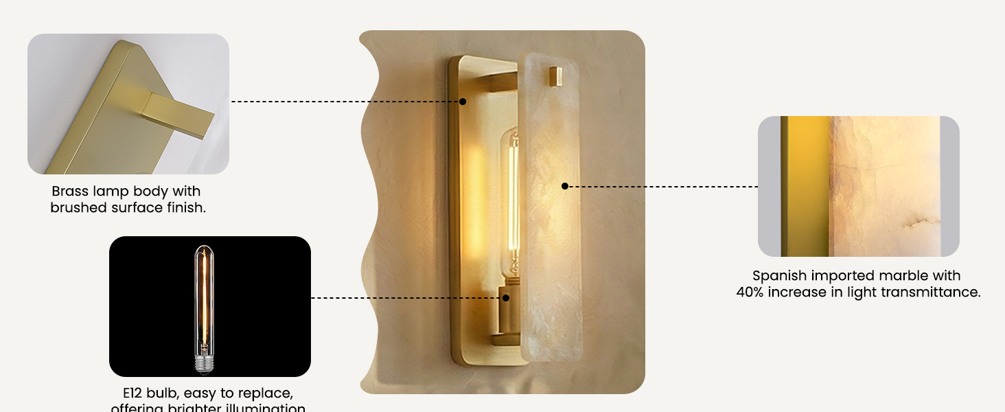 Durable brushed brass hardware detail of the wall sconce ensuring rust-resistance and long-lasting