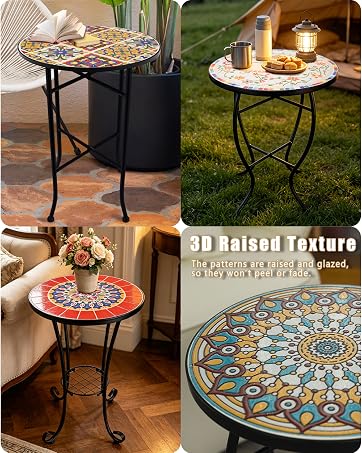 ROARLITEE Mosaic Outdoor Side Table Small Round Patio Table Plant Stand | 21" Accent End Table wi...