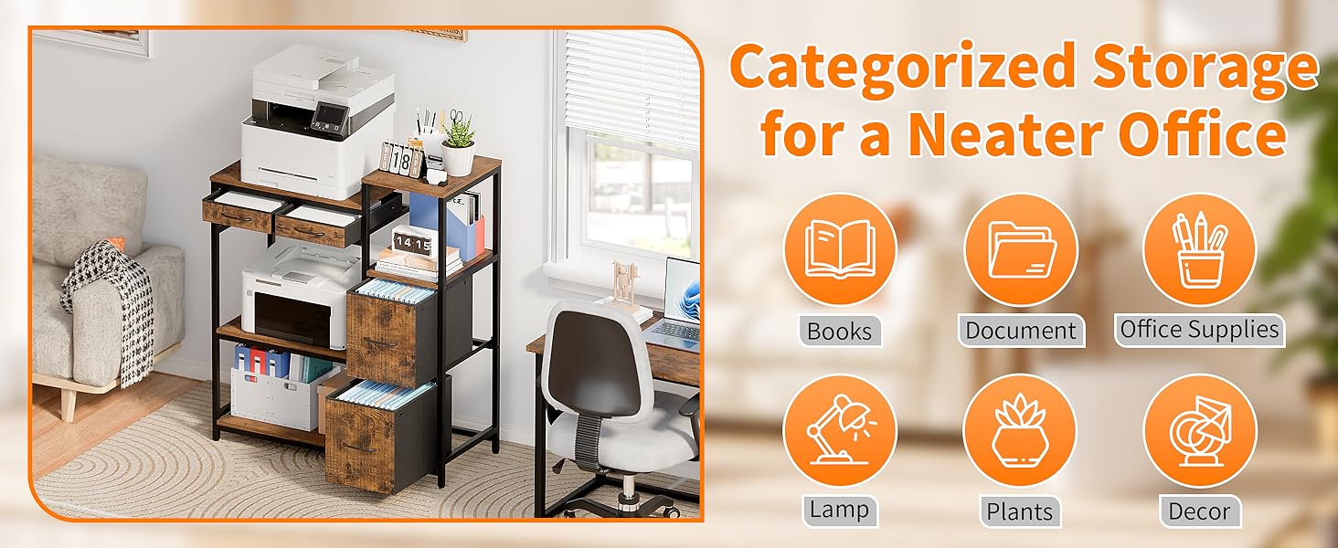 Printer Stand with 4 Drawers and Open Storage Shelf for Home Office Organization