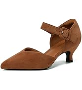 RIBONGZ Comfortable Kitten Heels for Women Pointed Closed Toe Ankle Strap Buckle Heels Slip on Lo...