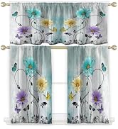 AAtter Teal Floral Kitchen Curtain Set 3 Piece, 52" W x 18" L Valance and 26" W x 36" L Tier Pane...