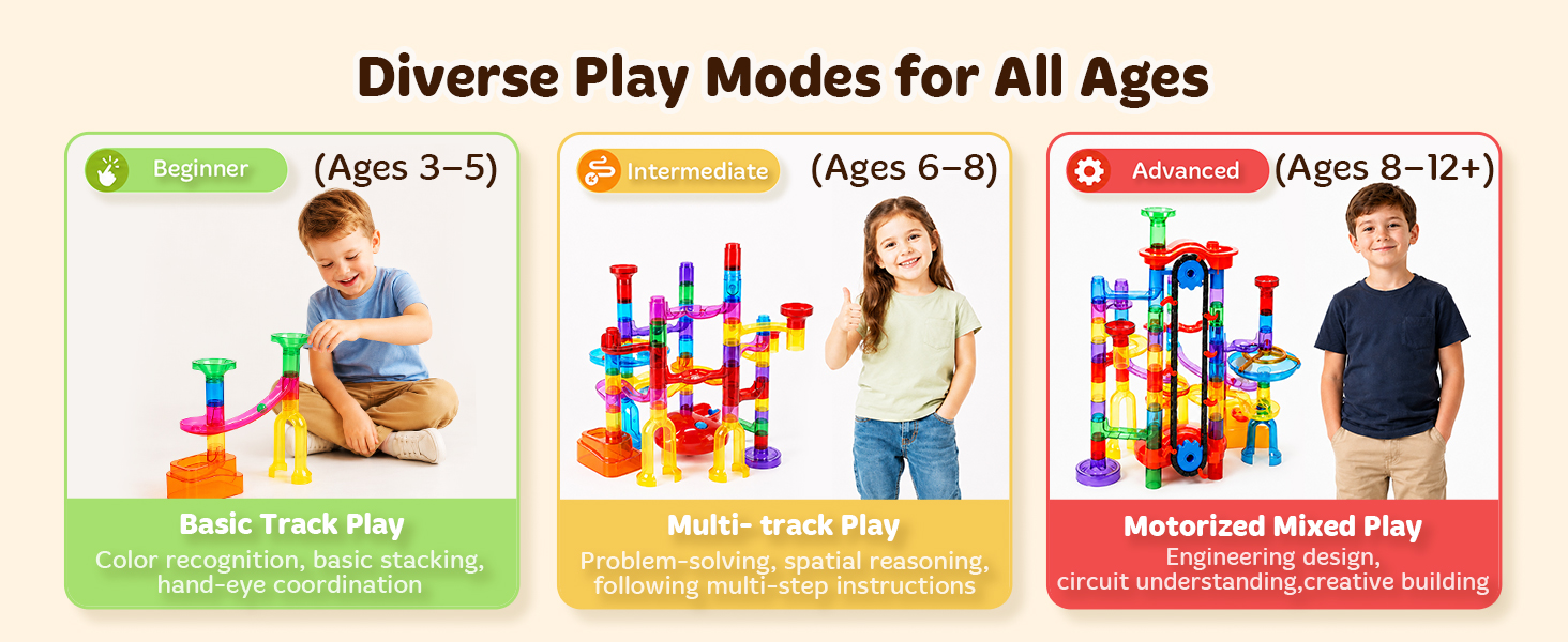 Rich Track Pieces(tunnel corridors, wave ramps, swirl funnels, S-curves & half-circle curves)