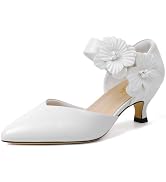 RIBONGZ Women's Low Kitten Heel Pumps Comfortable Pointed Toe Dress Shoes Flower Strap Slip On Dr...
