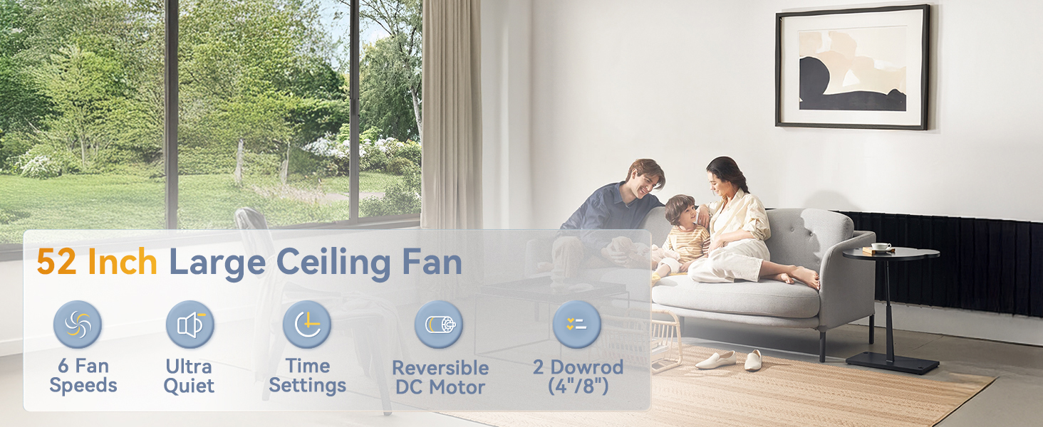 52 Inch Ceiling Fan No Light with Remote