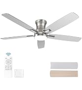YUHAO 52 Inch Flush Mount White Ceiling Fan with Light and Remote Control.Noiseless,Dimmable,3CCT...