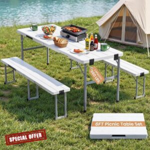 6' Picnic Table Set w/2 Benches 3-Piece 1-Case Camping Table Chair Set | HDPE Tree Pattern Top for Indoor or Outdoor Use Working Meeting Party