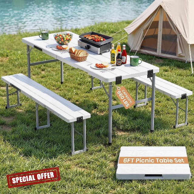 6' Picnic Table Set w/2 Benches 3-Piece 1-Case Camping Table Chair Set | HDPE Tree Pattern Top for Indoor or Outdoor Use Working Meeting Party