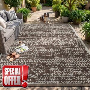 MontVoo Outdoor Rug Waterproof-Patio Rug Mat 5x8 Outdoor RV Camping Picnic Beach Mat Plastic Straw Rugs Outside Outdoor Area Rugs for Balcony Deck Backyard Brow