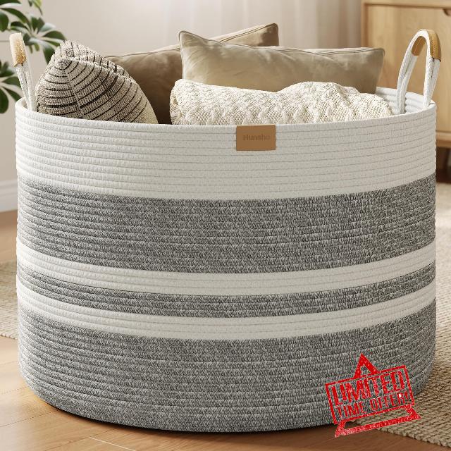 Nunsino 115L Woven Blanket Basket with Leather Handles