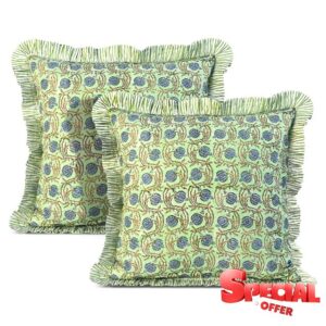 Ridhi Block Print Apple Green Floral Throw Pillow Cover 18" x 18" (Pack of 2) Decorative Cushion Covers with Ruffle for Couch
