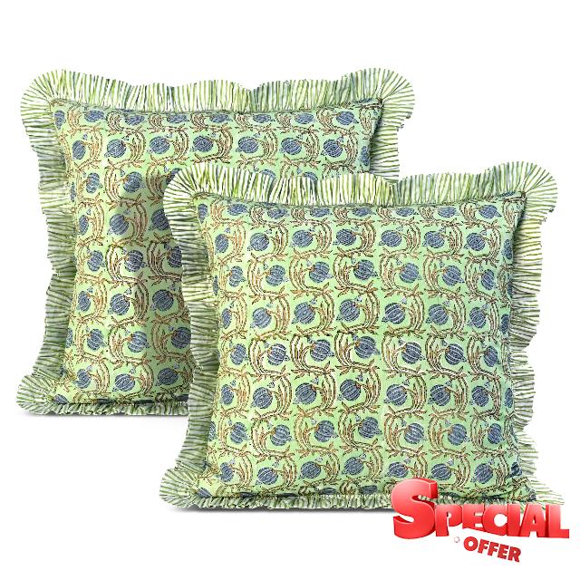 Ridhi Block Print Apple Green Floral Throw Pillow Cover 18" x 18" (Pack of 2) Decorative Cushion Covers with Ruffle for Couch