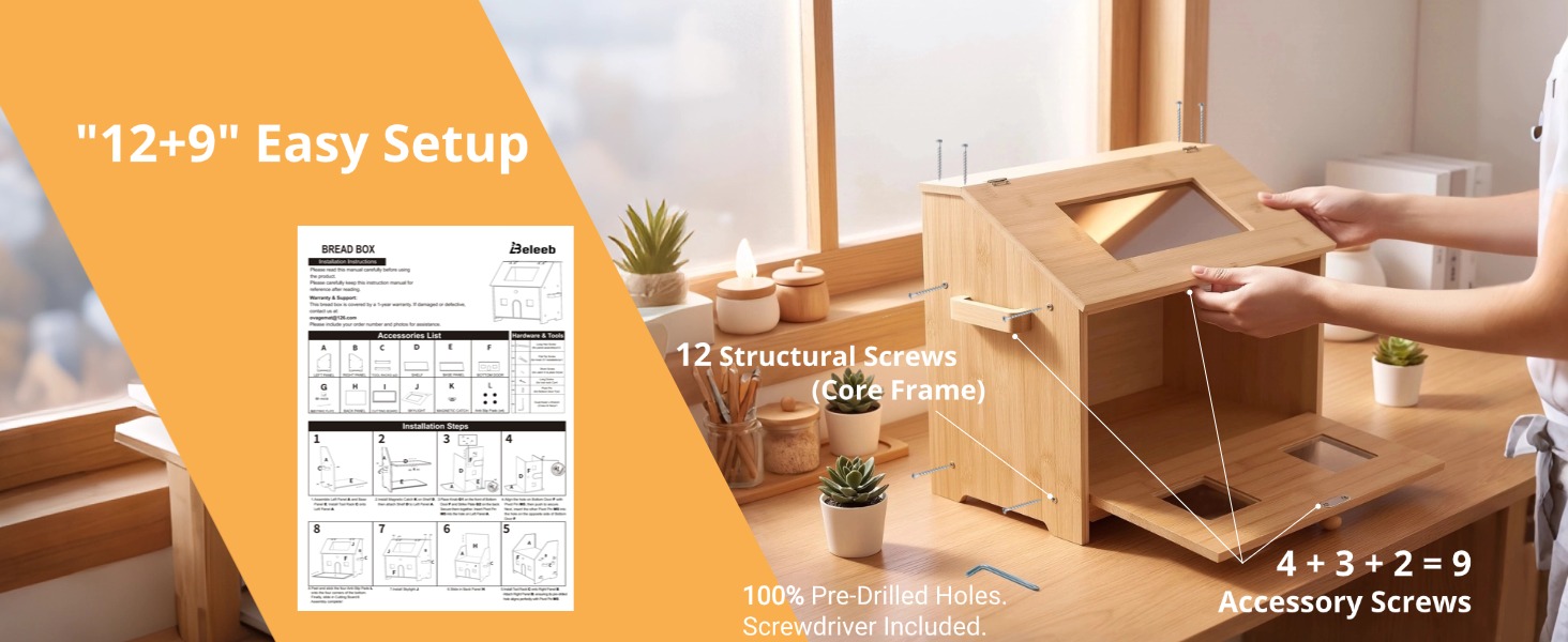 Easy assembly with 12 main structural screws and 9 accessory screws for bamboo bread box