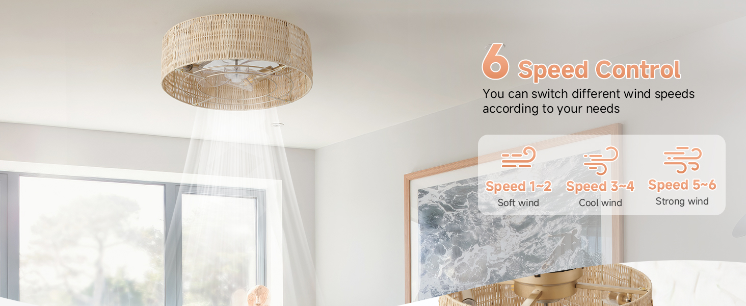 Boho Ceiling Fan with Light Flush Mount Remote Bedroom Nursery Coastal Enclosed Caged Rattan