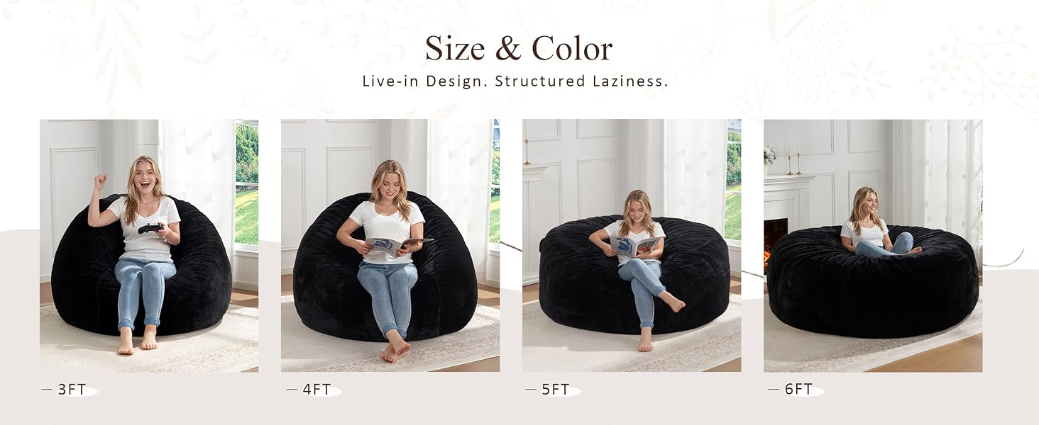 a girl is showing different positions on 4 different size large bean bag
