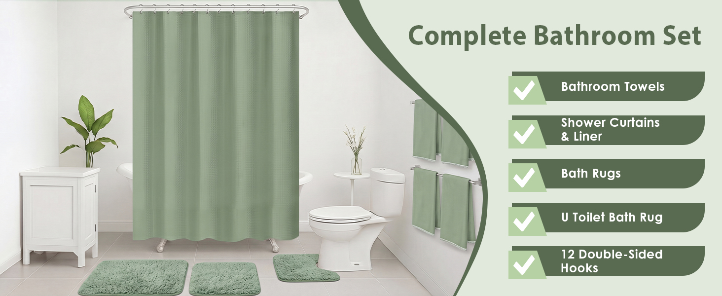 Britimes 8 Pcs Sage Green Bathroom Sets with Shower Curtain and Rugs