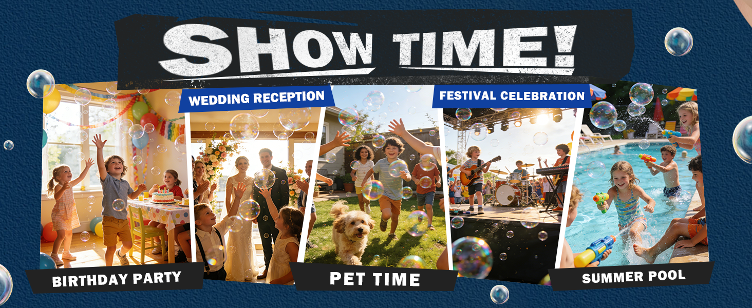 Text reads 'SHOW TIME!' Banner featuring multiple entertainment and celebration scenes in a collage format with blue themed background.