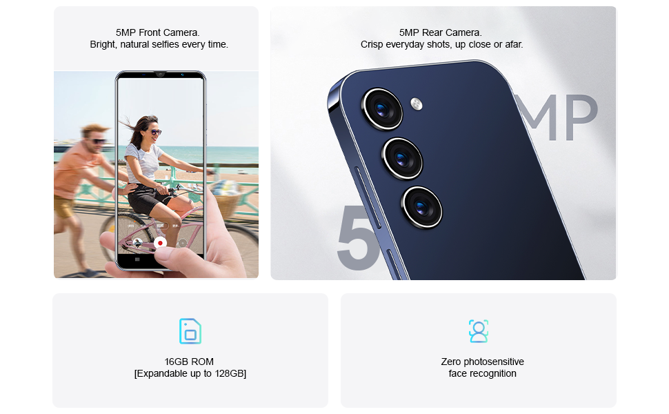 Smartphone advertisement showing multiple color variants of a phone model in black, blue, and purple, with displays showing interface screens.