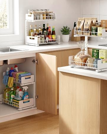 Delamu Under Sink Organizer 2 Pack, Pull Out Cabinet Organizer for Kitchen Sink, 2 Tier Metal Sli...