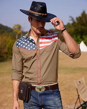COOFANDY Men's American Flag Button Down Shirts Western Cowboy Shirt Slim Fit Patriotic Long Slee...