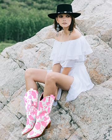 Cozivwaiy Women Mid Calf Cowboy Boots Chunky Heel Half Boot Cow Print Western Boots Plus size (US...