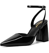 RIBONGZ Block Heels for Women Closed Pointed Toe Heeled Slingback Chunky High Heel Ankle Strap Pu...