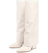 Vaslemuse Knee High Boots for Women Fold Over Pointed Toe Shark Tall Boots Block Low Heel Long Bo...