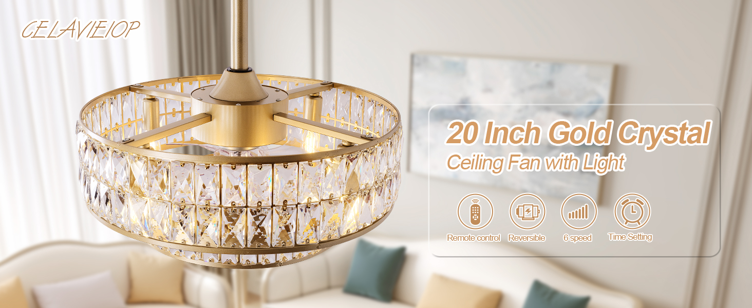 20" Gold Crystal Chandelier Fandelier Ceiling Fan with Light