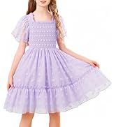 zarmfly Girls Dress Summer Puffy Sleeve Embroidery A Line Chiffon Double Layer Smocked Shirred Ki...