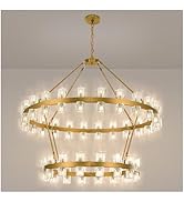 AEULYTIR 60 Inch Gold Wagon Wheel Chandelier with Crystal Shade, 2 Tier 100 Lights, Modern Farmho...