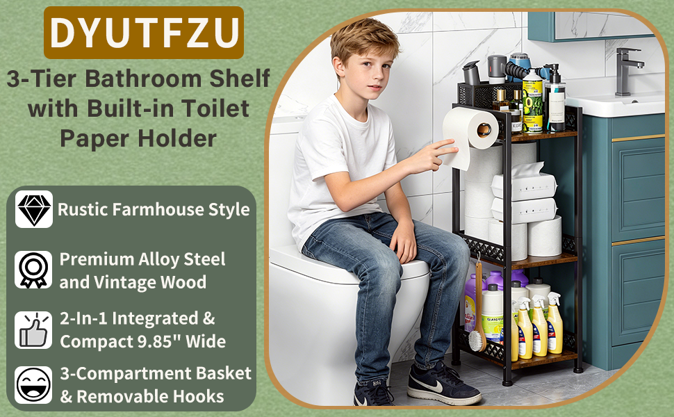 3-Tier Spacious Bathroom Organizer Shelf with Built-in Toilet Paper Holder