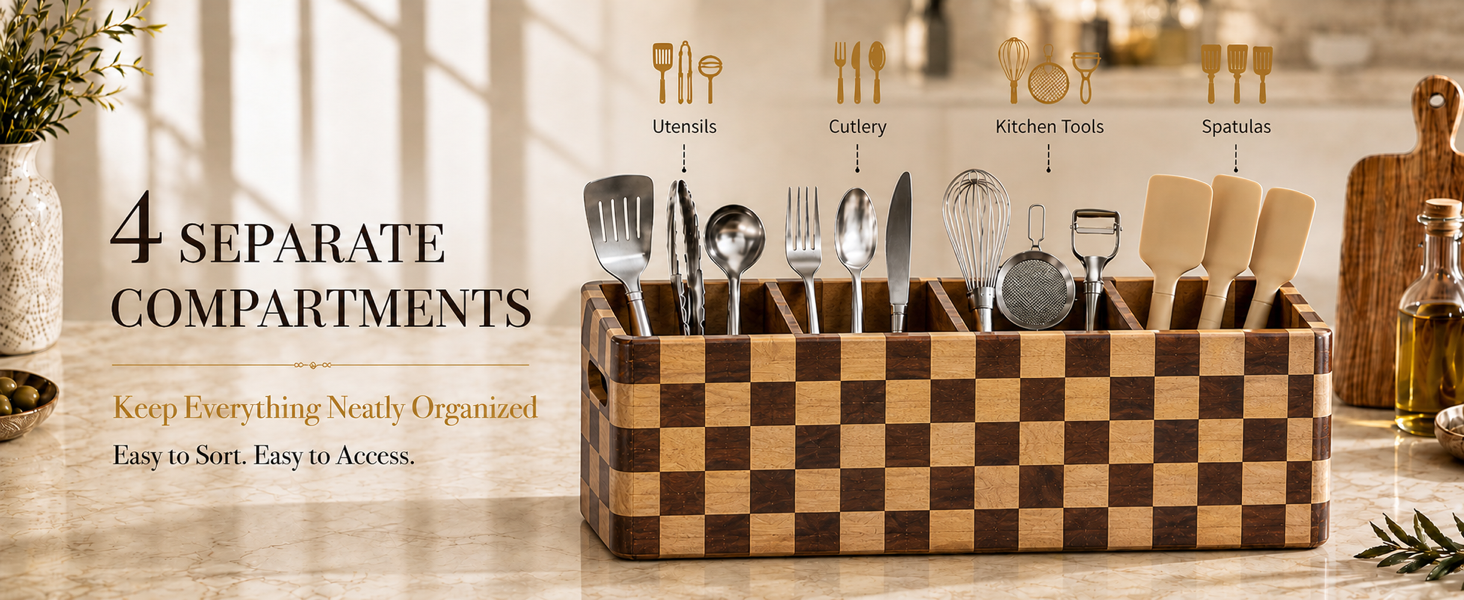 Acacia Wood 4 Compartment Detachable Wooden Utensil Organizer