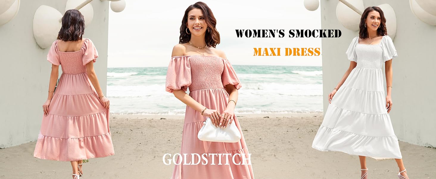 omen's Casual Summer Midi Dress Puffy Short Sleeve Square Neck Smocked Tiered Ruffle Dresses
