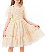 zarmfly Girls Dress Summer Puffy Sleeve Embroidery A Line Chiffon Double Layer Smocked Shirred Ki...