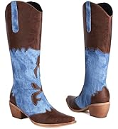 Cozivwaiy Women Cowboy Boots Embroidered Knee High Suede Boots 1.96 Inch Heels Pull on Cowgirl Bo...