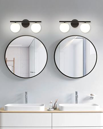 YHTlaeh New Bathroom Vanity Light Fixtures 3 Lights Brushed Black Milk White Globe Glass Shade Mo...