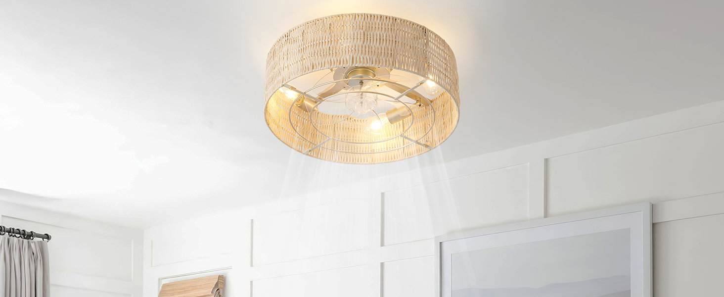 Boho Ceiling Fan with Light Flush Mount Remote Bedroom Nursery Coastal Enclosed Caged Rattan
