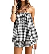 KOLAOYEP Women Striped Tube Top Shorts Set - Drawstring Strapless Top and Shorts Set Loose Fit Su...