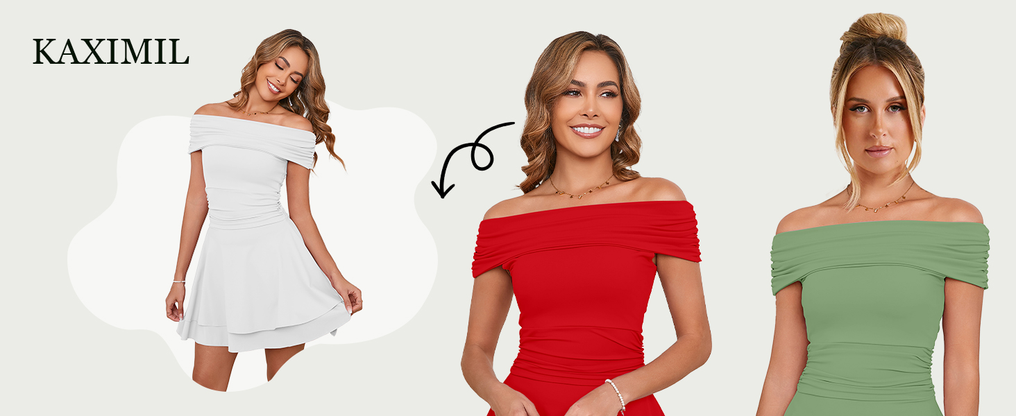 Kaximil Women's Off The Shoulder Mini Dress Ruffle Hem Ruched Corset Short Cocktail Party Dresses