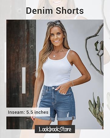 LookbookStore Women's High Waisted Rolled Hem Distressed Jeans Ripped Denim Shorts