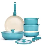 11PCS Ceramic Pots and Pans Set Non Stick, Nonstick Cookware Set Detachable Handle, Red Blac...