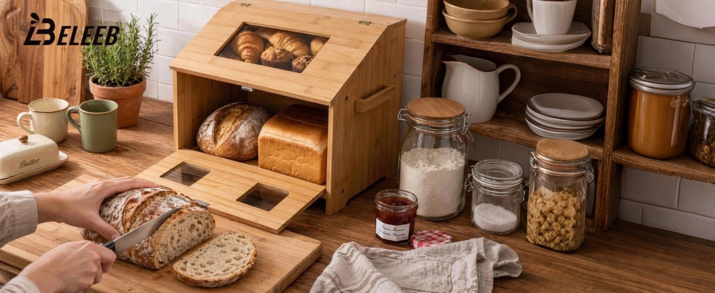 Slicing fresh bread in front of a countertop bread box for morning breakfast