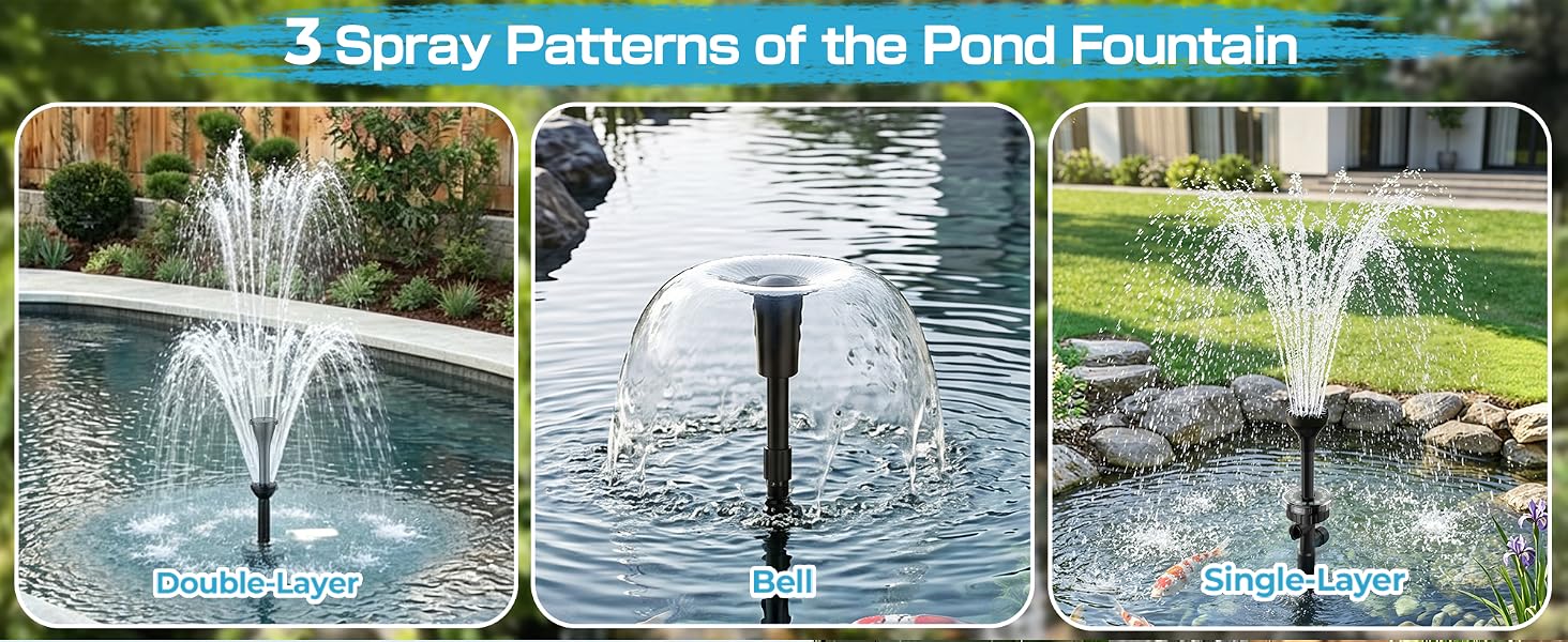3 spray patterns: Double-Layer, Bell, Single-Layer for pond fountain.